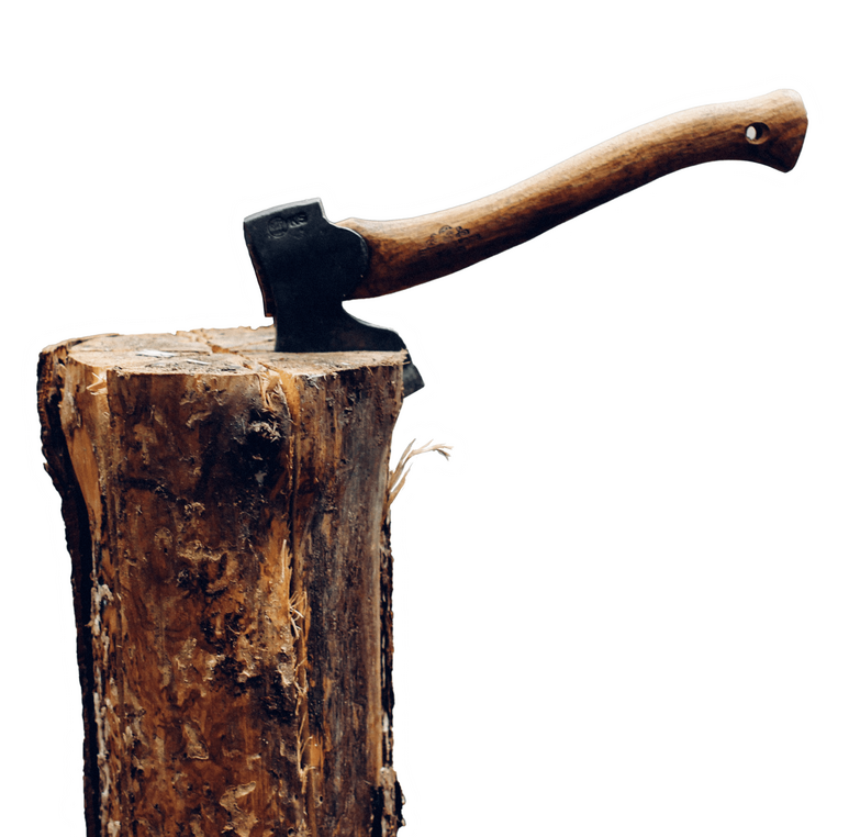 an axe lodged in a wooden stump